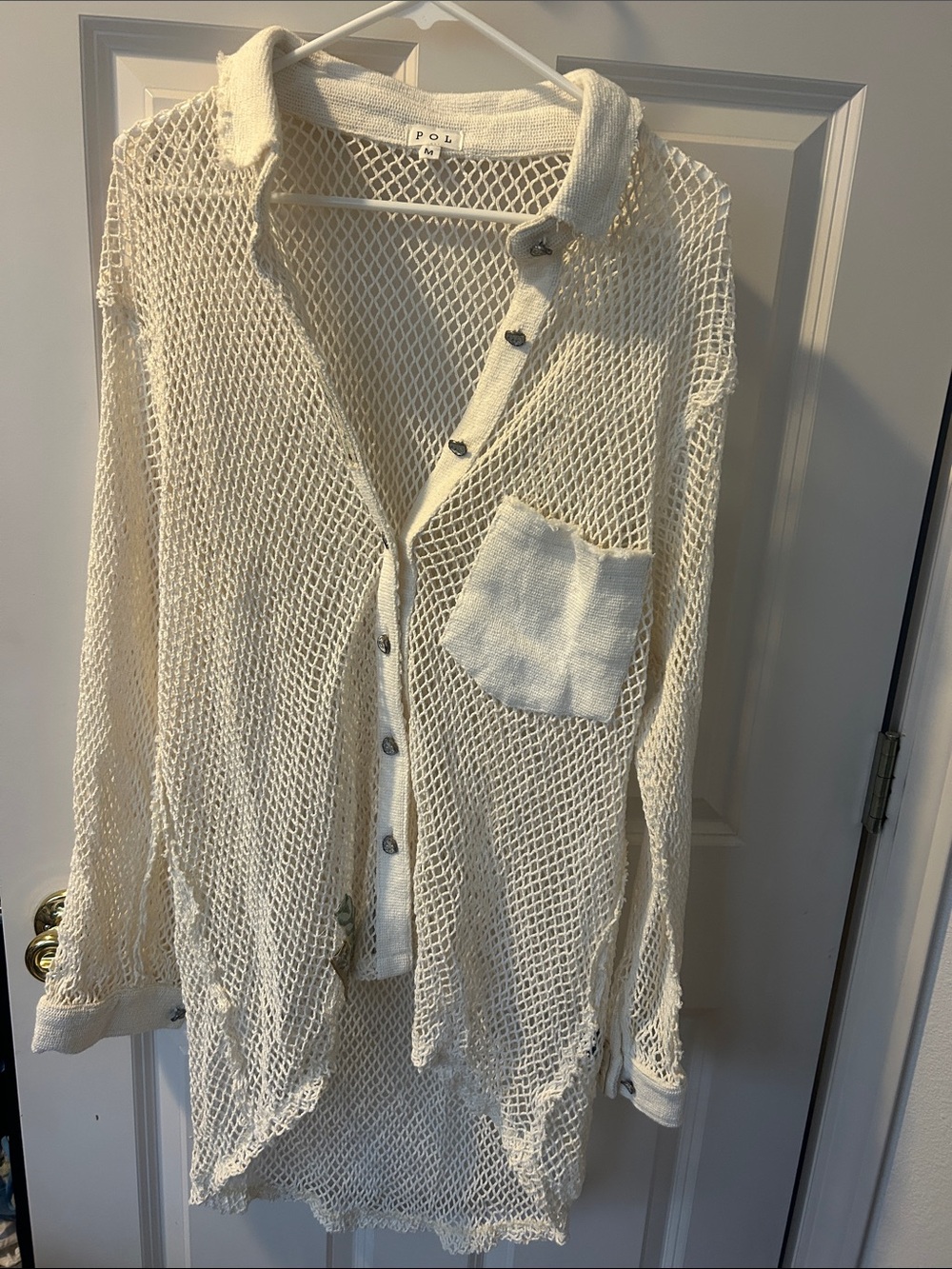POL Open-Knit Button Front Shirt/swim cover up in Cream - Picture 2 of 9
